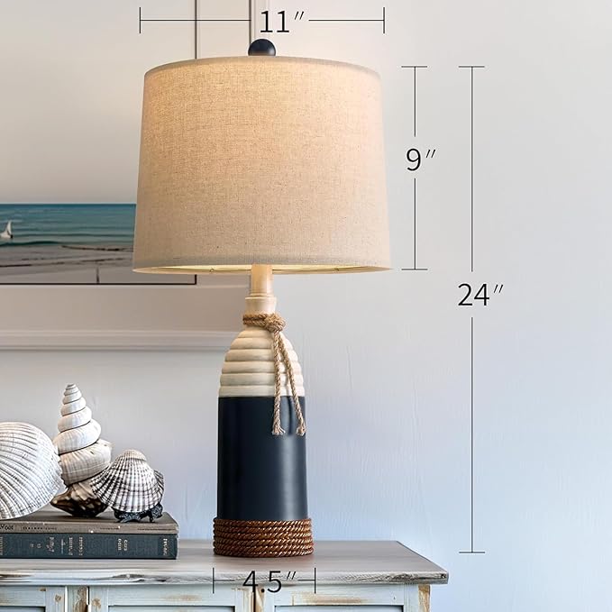OYEARS 23.75" Table Lamps Set of 2, Bedside Lamps for Nightstands, Nautical Table Lamps for Living Room, Coastal Ocean Beach Style, Resin, Navy Blue