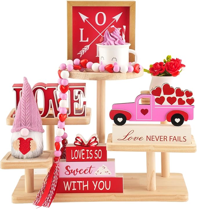 8 Pieces Valentine's Day Tiered Tray Decor, Valentine Home Table Tray Shelf Decor Gifts, Tray Objects Decoration Bundle Plush Gnome Ceramic Wood Sings Bead Garland Love Plaques Decorative Set