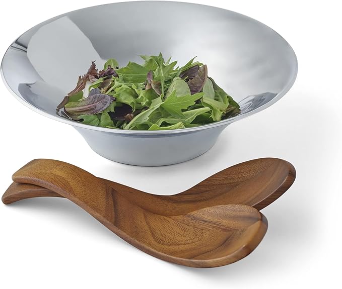 Nambé Round Salad Bowl with Acacia Wood Servers – Contemporary Alloy Serving Dish for Salads, Pasta, or Hors d’Oeuvres, Elegant Centerpiece for Dining Table, Buffet, or Kitchen Display