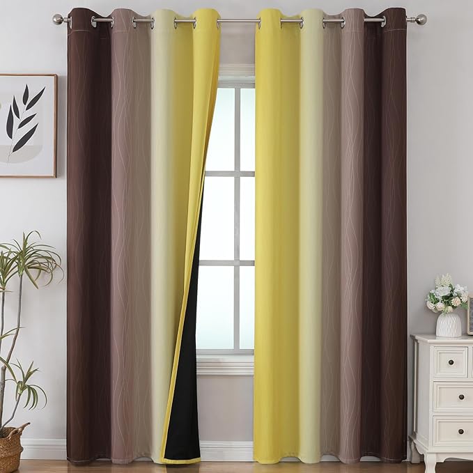 Estelar Textiler Brown and Yellow Blackout Curtains for Bedroom, Thermal Insulated Ombre Drapes 84 Inches Long, Full Room Darkening Energy Saving Curtains for Living Room, 52Wx84L, 2 Panels