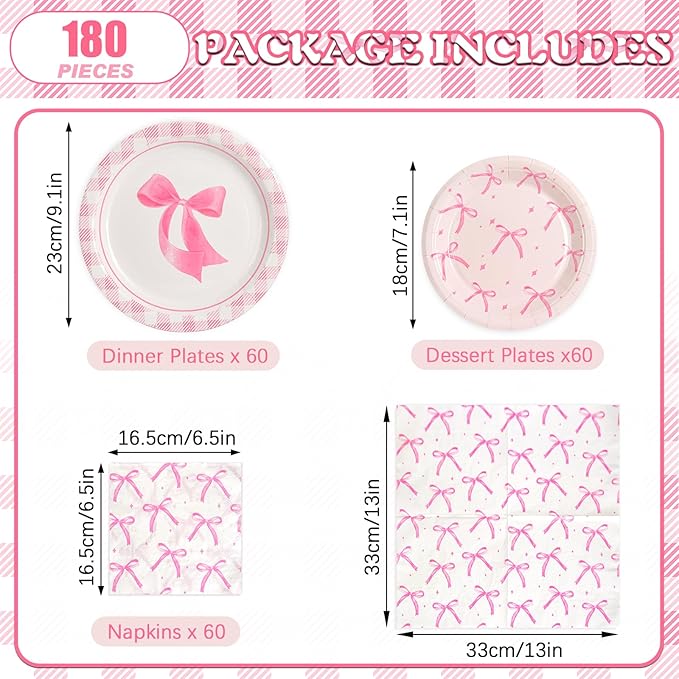 180Pcs Pink Bow Party Supplies Paper Plates and Napkins Serve 60 Disposable Tableware Set for Birthday Party Decorations Game Day Family School Holiday Sports Events
