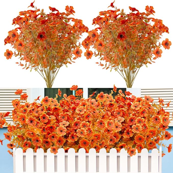 12 Pack Artificial Fall Flowers Orange Autumn Indoor Outdoor Floral Stems Faux Silk Violet Flower for Home Garden Porch Window Yard Wedding Thanksgiving Decoration Table Centerpiece Decor