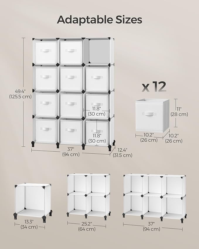 SONGMICS Cube Storage Organizer with Storage Boxes, Set of 12-Cube Organizer, 12 Collapsible Non-Woven Fabric Bins, Customizable, Space-Saving, Bedroom, Cloud White ULPC122W01