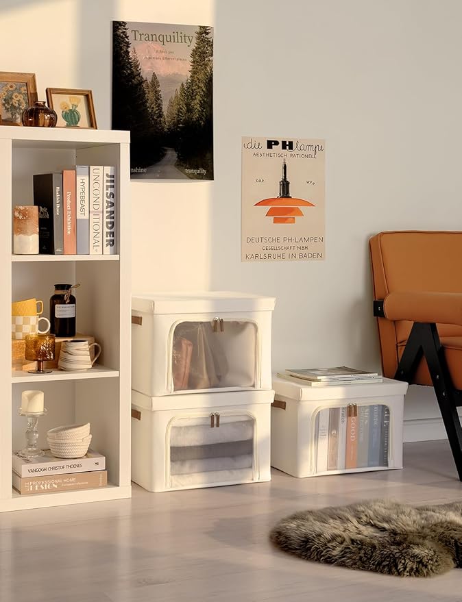 StorageWorks Storage Bins with Lids, Decorative Boxes with Clear Window for Clothes, Fabric Collapsible Baskets for Closet Organization, Large, Beige, 3 Packs