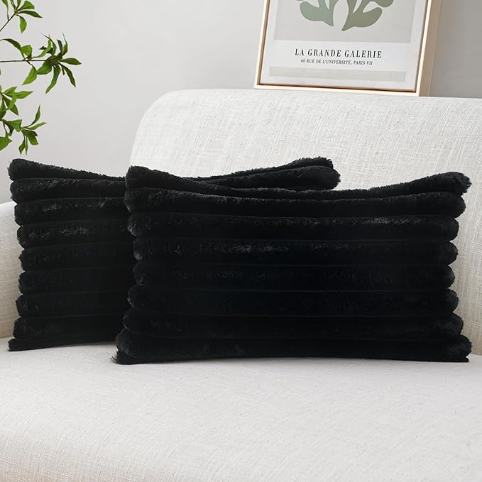 MIULEE Faux Fur Lumbar Decorative Throw Pillow Covers 12x20 Inch Set of 2, French Modern Art Home Decor Soft Plush Couch Pillows Cozy Fluffy Cushion Covers for Sofa Bed Black