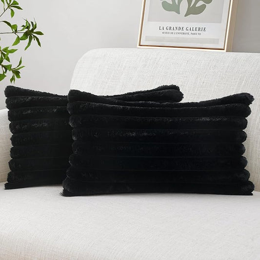 MIULEE Faux Fur Lumbar Decorative Throw Pillow Covers 12x20 Inch Set of 2, French Modern Art Home Decor Soft Plush Couch Pillows Cozy Fluffy Cushion Covers for Sofa Bed Black