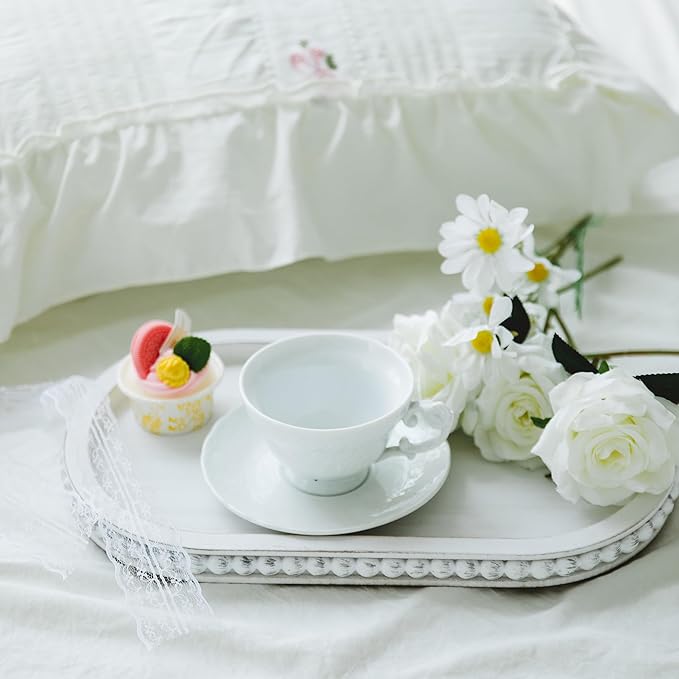 HPC Decor 15in Oval Wooden Tray - White Beaded Serving Tray, Rustic Farmhouse Vintage Centerpiece, Kitchen & Living Room Decor