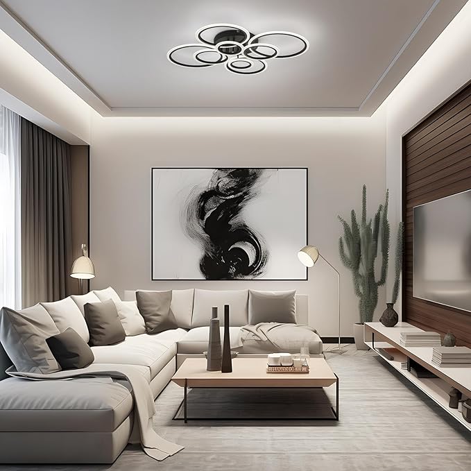 Modern LED Ceiling Light, Black 8 Rings Flush Mount Ceiling Light, 4000K Lighting Fixture Ceiling Lamp for Kitchen, Bedroom, Living Room, Dining Room