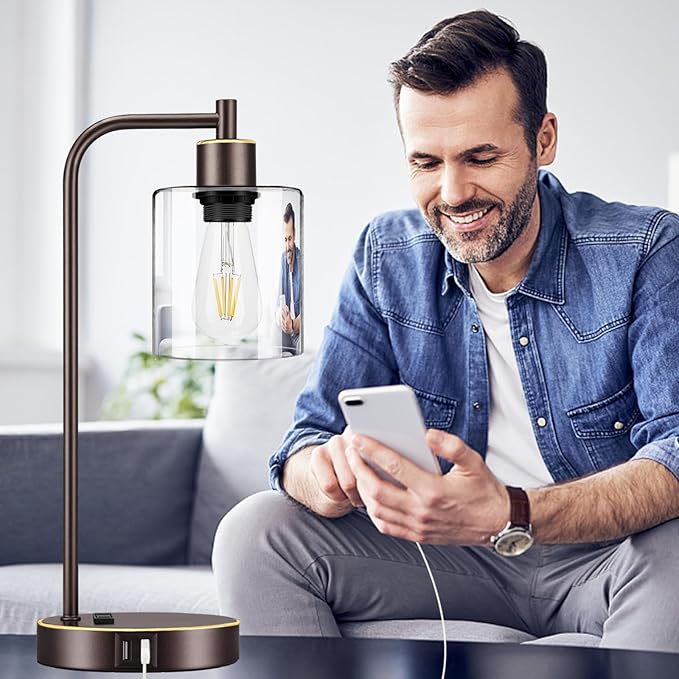 Industrial Touch Table Lamps Set of 2 - Bedside Lamps with 2 USB Ports & AC Outlet, 3-Way Dimmable Nightstand Desk Lamp for Bedroom Living Room, Glass Shade & 2 LED Bulbs Included - Oil-Rubbed Bronze