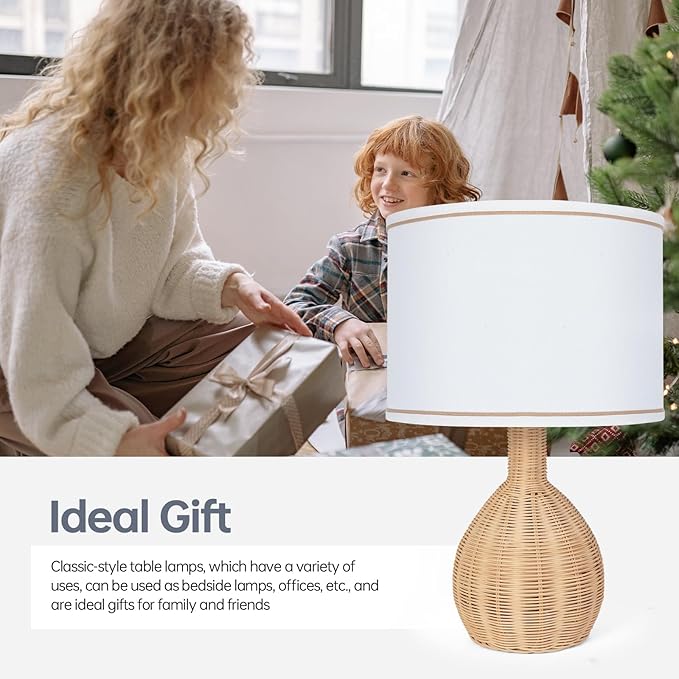 Rattan Table Lamp Set of 2 - Natural Woven Design, 15W LED Bulb Included, Modern Boho Style Nightstand Lamps for Bedroom, Living Room, or Office Decor