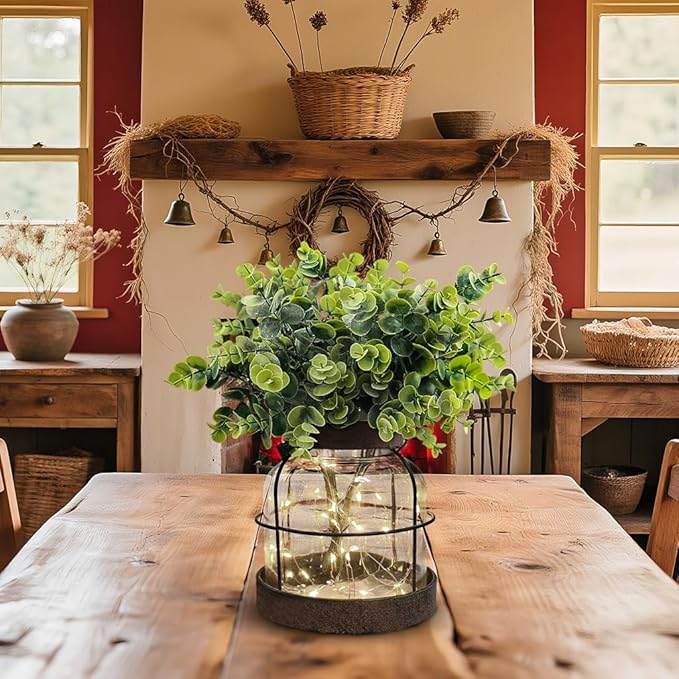 Farmhouse Rustic Primitive Glass Vases Home Decor Vintage Lantern with Green Artificial Eucalyptus Plants & Lights Centerpiece for Shelf Desk Office Counter Coffee Table Dining Room Bathroom Kitchen