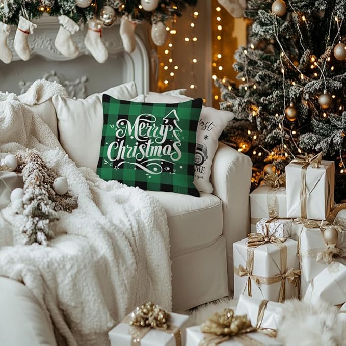 GEEORY Merry Christmas Throw Pillow Covers 20x20 Inch Set of 4, Xmas Trees Truck Green Buffalo Plaid Believe Farmhouse Decorative Cushion Cases for Home Decoration G595-20