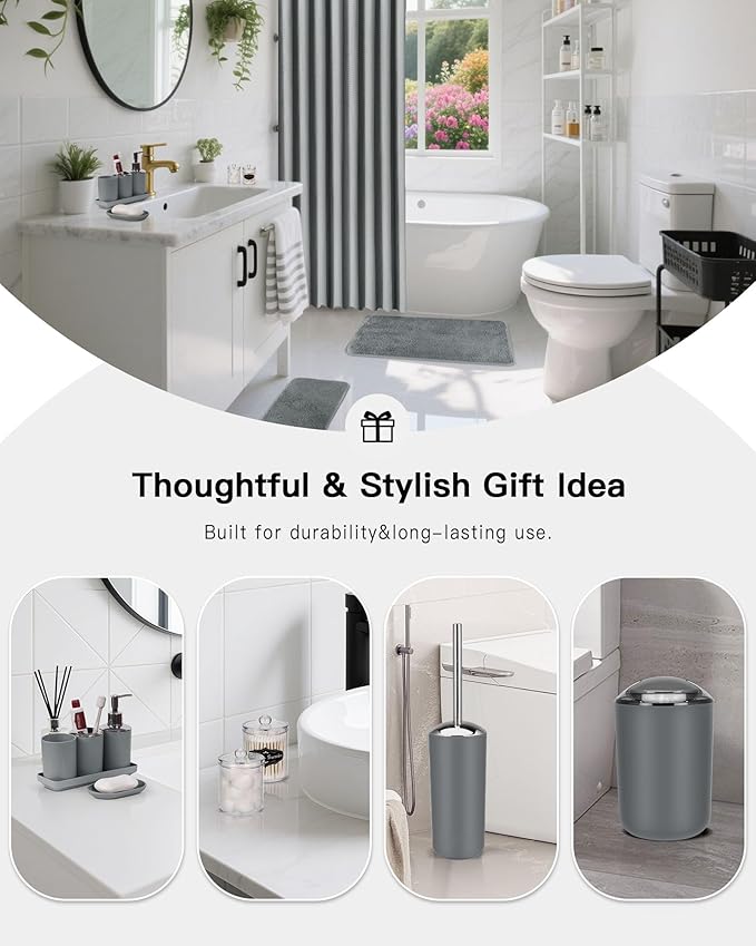 IMAVO Grey Bathroom Accessories,Non Slip Super Absorbent Rugs and Waterproof Shower Curtain with Hooks,Complete Bathroom Set for Bathroom Décor