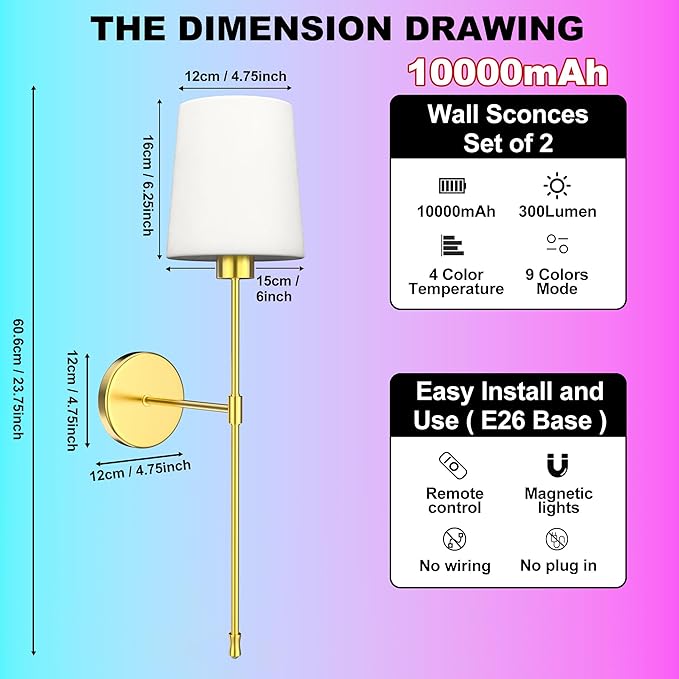 10000mAh Battery Operated Wall Sconces Set of Two, Wireless Sconces Set of 2 Wall Light with RGB Rechargeable Magnetic Bulb, Sconces Wall Decor Set of 2 for Bedroom Living Room, Gold