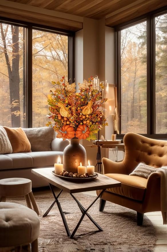 31.5" Artificial Fall Leaf Stems Autumn Leaves Decor, Fall Pumpkin Decorations for Home, 2 Pcs Artificial Berry Maple Leaf Floral Arrangement Long Stems Branches for Festival Vases Centerpieces Swags