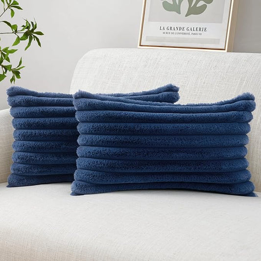 MIULEE Faux Fur Lumbar Decorative Throw Pillow Covers 12x20 Inch Set of 2, Coastal Modern Art Home Decor Soft Plush Couch Pillows Cozy Fluffy Cushion Covers for Sofa Bed Navy Blue