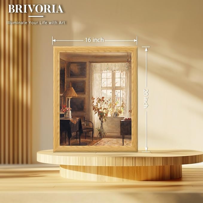 Brivoria Framed Canvas Wall Art Vintage Decor, Scandinavian Interior Artwork with Sunlit Window, Indoor Greenery and Golden Autumn Glow for Living Room Bedroom Fireplace or Gallery Display, 16"x20"
