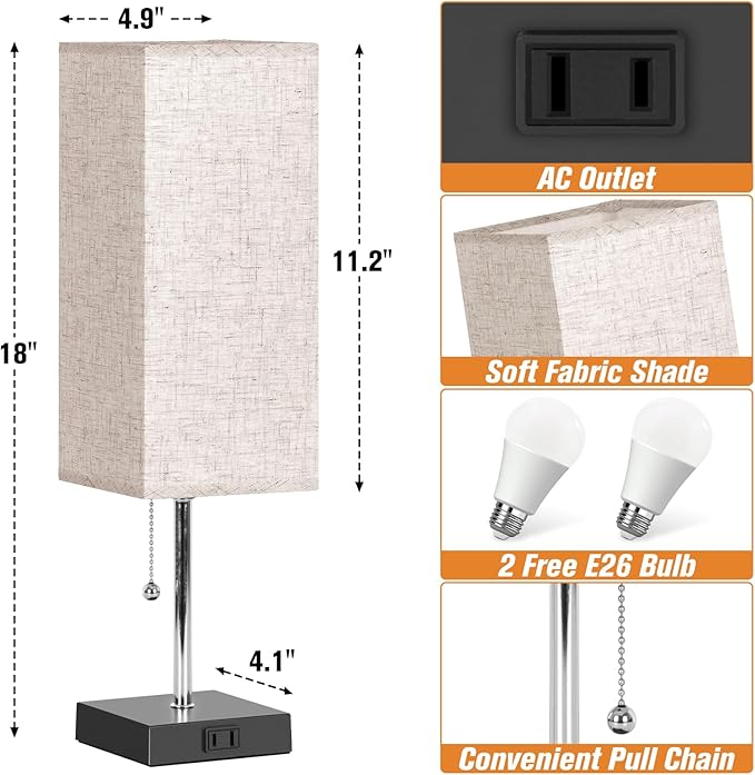 Table Lamp for Bedroom Set of 2, Bedside Lamps with 3 Color Temperatures Night Light, Lamp for Night Stands with AC Outlet and Square Shade, Pull Chain Small Desk Lamp for Living Room Home Decor