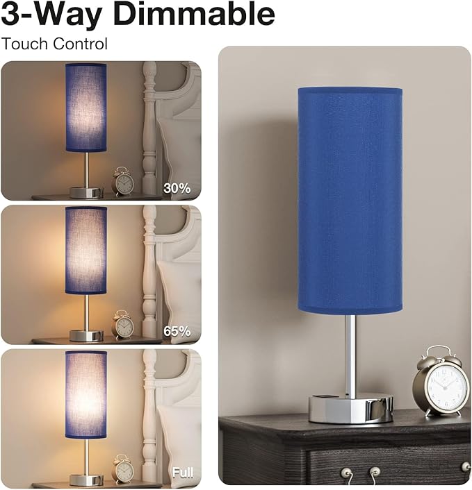 Navy Blue Touch Lamp for Boys - Small Nightstand Lamp with USB-C and USB Charging Ports, 3 Way Dimmable Bedside Table Lamp with Fabric Shade Silver Base for Nursery, Dorm, Office, Reading