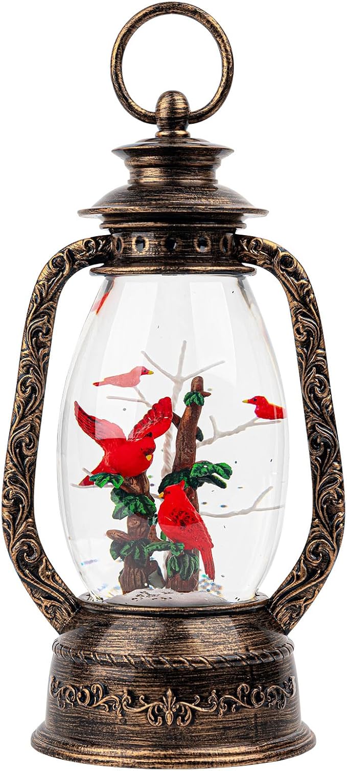Christmas Snow Globe Lantern Water Glittering 12'' Cardinal with Music, USB Lined/Battery Operated Lighted Lantern for Christmas Festival Decoration Gifts
