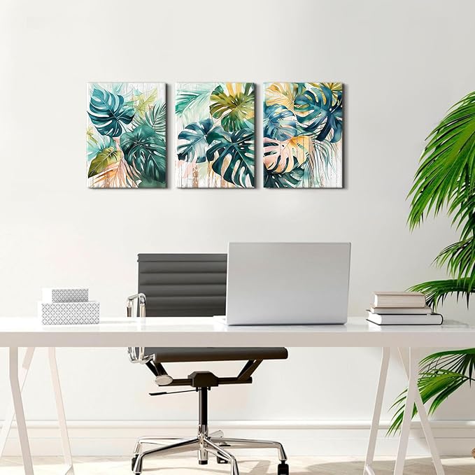 Tropical Monstera Wall Art Leaf Pictures Wall Decor for Bathroom Abstract Watercolor Sage Green Palm Leaves Paintings Botanical Canvas Prints Posters Artwork Home Living Room Decoration 12x16" 3Pcs