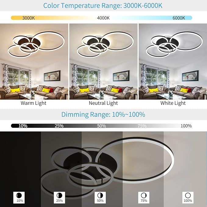 Modern LED Ceiling Light 90W Dimmable Ceiling Light Fixture with Remote Control 5 Rings Flush Mount Ceiling Light Black Acrylic Chandelier LED for Living Room Bedroom Kitchen Light fixtures(4+1B01)