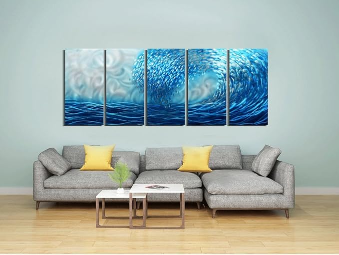 Yihui Arts Hand Crafted Blue Sea Wave 3D Metal Wall Art - Coastal 5 Panel Aluminum Sculpture for Big Abstract Office, Hallway, Fireplace, and Home Decor