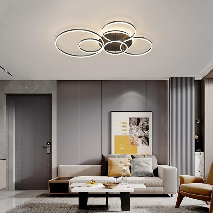 Modern LED Ceiling Light 106W Dimmable Acrylic Ceiling Lamp with Remote Control 6 Rings Circle Living Room Light Fixtures Ceiling Black Ceiling Chandelier Lighting for Bedroom Dining Room (5+1B01)