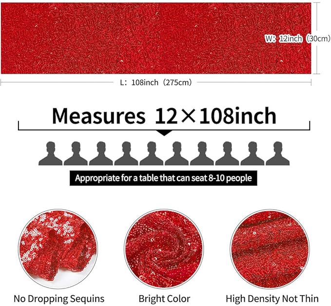 10 Packs 12 x 108 inches Red Sequin Table Runner, Glitter Red Table Runner for Wedding Birthday Bachelorette Holiday Party Supplies Decorations Bridal Shower Baby Shower