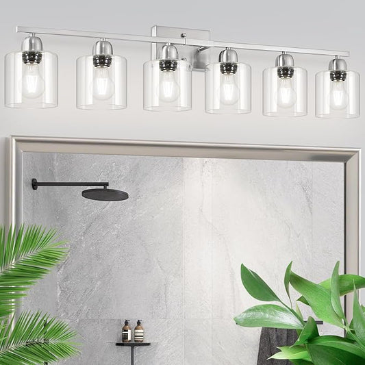 Brushed Nickel Vanity Light, 6 Light Bathroom Lighting Fixtures Over Mirror with Clear Glass, 38 inch Bathroom Light for Oversized Mirrors, E26 Socket