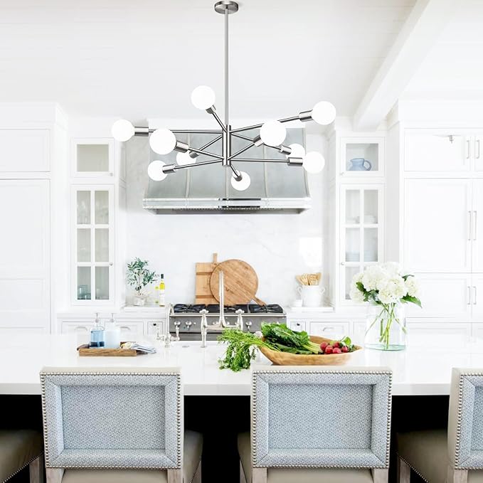 Sputnik Chandeliers Dining Room Light Fixture (10-Light, 33-Inch), Modern Nickel Chandelier, Height Adjustable Mid Century Modern Chandeliers for Living Room Entryway Hallway