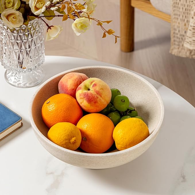 Large Decorative Fruit Bowl for Kitchen Counter, Sandstone Look Modern Minimalist Snack Candy Bowl for Table Centerpiece Decor, Home, Office, Hotel, Entryway (Beige)