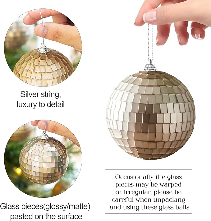 12 PCS Disco Balls Ornaments, Small Disco Balls Party Decorations, 3.15in Brown and Grey Glass Hanging Decor for Home Birthday Decoration KTV Party Decor Fall Decor Xmas Tree