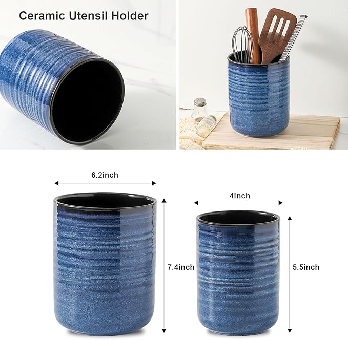 Hasense Ceramic Utensil Holder for Kitchen Counter, 7.4"+5.5" Caddy Set of 2, Large Cooking Holder for Countertop, Crock for Farmhouse Decor, Blue
