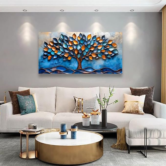Tree of Life Pictures Canvas Wall Art for Living room Office Bedroom Wall Decor,Blue Leaf Wall Art Print Paintings Modern Autumn Blue Golden Scenery Artwork Waterproof Ready to Hang-20x40inch