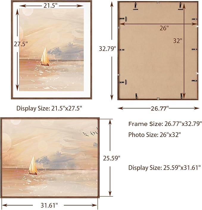 Oak Wood Frame 26x32 with Tempered Real Glass and Mat for 22x28 (Walnut Color, 1 Pack)