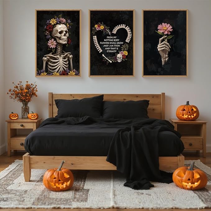 KAIRNE Halloween Gothic Skull Wall Art Set of 3, Spooky Skeleton Wall Decor and Horror Floral Prints, Dark Moody Canvas for Living Room, Bedroom, Goth Party Home Decor 16x24 inch