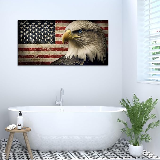 American Flag Canvas Wall Art - Flag of USA with Eagle Pictures for Wall Decor Patriotic Canvas Printing Artwork Vintage Rustic Design for Living Room Home Office Wall Decoration 24" x 48"