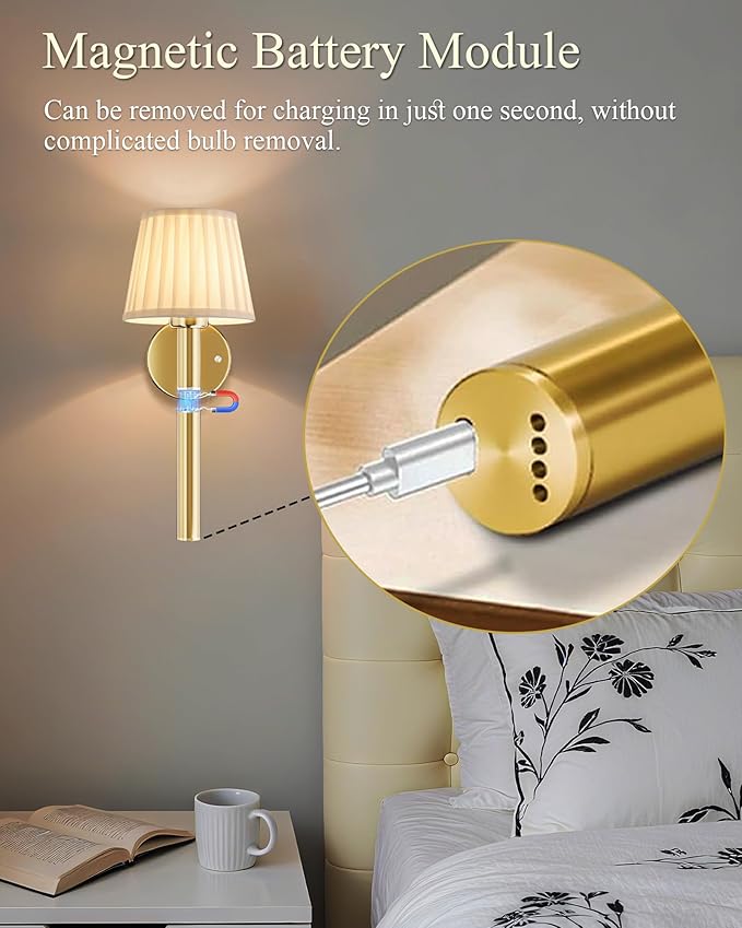 Cordless Battery Operated Wall Sconces Set of 2, 5200mAh Rechargeable Wall Sconce with Magnetic Pole and Fabric Shade, Dimmable LED Wall Lamp with Remote for Living Room, Bedroom, Hallway Decor