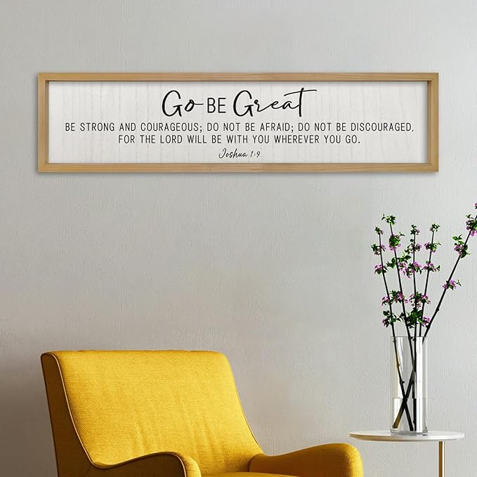 ZZJJHYWGQ Bible Verse Wall Decor Joshua 1:9 Sign 32"×8" Scripture Go Be Great Inspirational Quotes Rustic Christian Plaque Wood Framed Faith Farmhouse Catholic Living Room Wall Art Hanging (Wood)