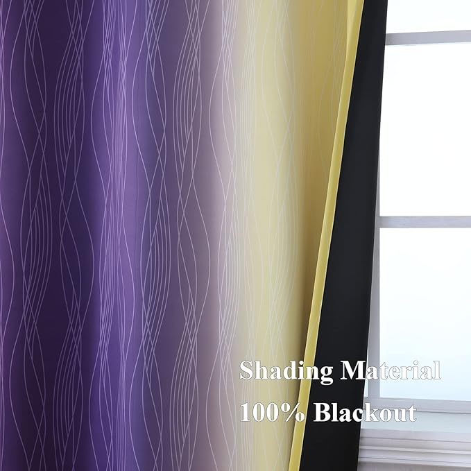 Estelar Textiler Yellow and Purple Ombre Blackout Curtains 45 Inch Length 2 Panels, Full Room Darkening Gradient Drapes for Kitchen, Thermal Insulated Grommet Short Curtains for Bathroom,52Wx45L