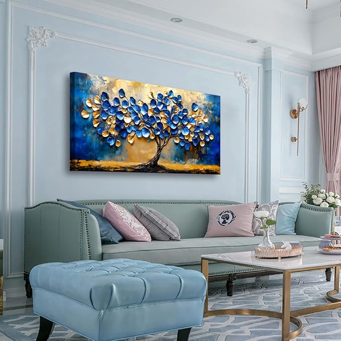 Abstract Tree Canvas Wall Art Bedroom Wall Decor Living Room,Blue and Gold Leaf Wall Art Office Paintings Artwork Modern Ginkgo Tree Leaves Pictures Art Prints Waterproof Ready to Hang-20x40inch
