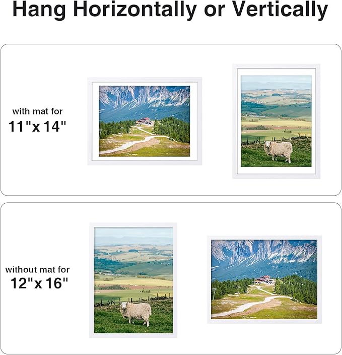 Vittanly 12x16 Picture Frame for Wall, Plexiglass, Displays Poster 11x14 with Mat or 12x16 without Mat, PVC Frame Material, Horizontal or Vertical Hanging, 1 Pack, White