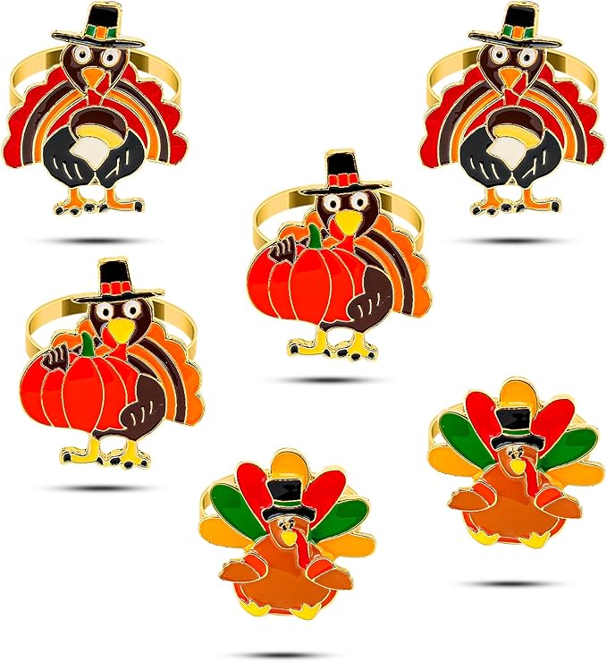 KPOSIYA Thanksgiving Napkin Rings Set of 6, Turkey Napkin Rings Vintage Alloy Fall Napkin Holders for Holiday Dinner Parties, Weddings, Family Gatherings