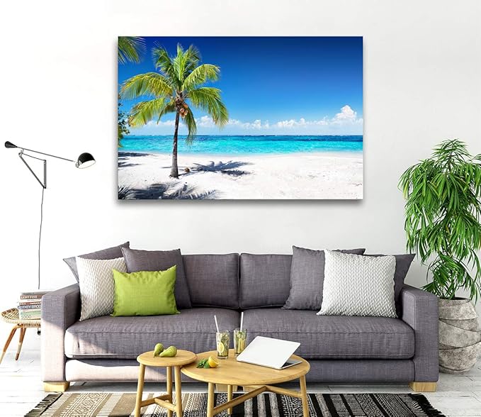 Baisuart-S03969 Large Canvas Wall Art Summer Ocean Waves Prints Coconut Trees on Sands Beach Seascape Painting Sea Nature Pictures Framed for Living Room Home Office Wall Decor Artwork