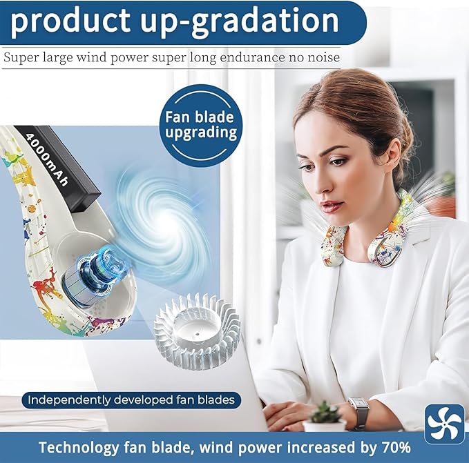 Neck Fan, Bladeless Neck Fan, USB Rechargeable Personal Fan, 4000 mAh Battery Operated Wearable Fan, 3 Speeds Adjustable,Faster Cooling, Ultra Quiet, Suitable for Home, Office, Travel, Sports