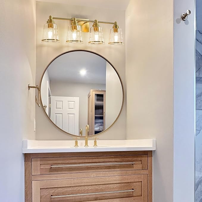 Gold Bathroom Vanity Light Fixture, 4 Light Bathroom Light Fixtures Over Mirror with Clear Glass Shade and Metal Base Wall Sconce, 29.1inch Modern Vanity Light for Bathroom(Exclude E26 Bulb)