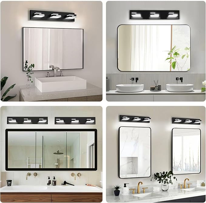 LED Modern Bathroom Vanity Light Fixtures, 3-Light 22-inch Dimmable Matte Black Vanity Lights for Bathroom Lighting Fixtures Over Mirror, with 350° Rotatable Acrylic Heads (Cool White 6000K)