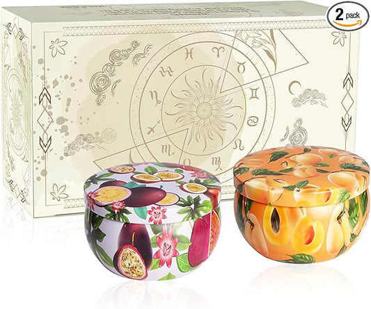 Set of 2 | 2.5-Ounce Scented Jar Candles - Fruit Style - Perfect for Home, Spa, Yoga Studio - Vibrant Colorful Iron Can Jars Candles(Passion Fruit & Apricot Fragrance)