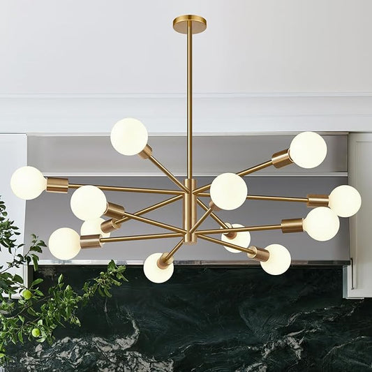 Sputnik Chandeliers Dining Room Light Fixture (12-Light, 33-Inch), Modern Brass Chandelier, Height Adjustable Mid Century Modern Chandeliers for Dining Room Kitchen Bedroom (Bulbs not Included)
